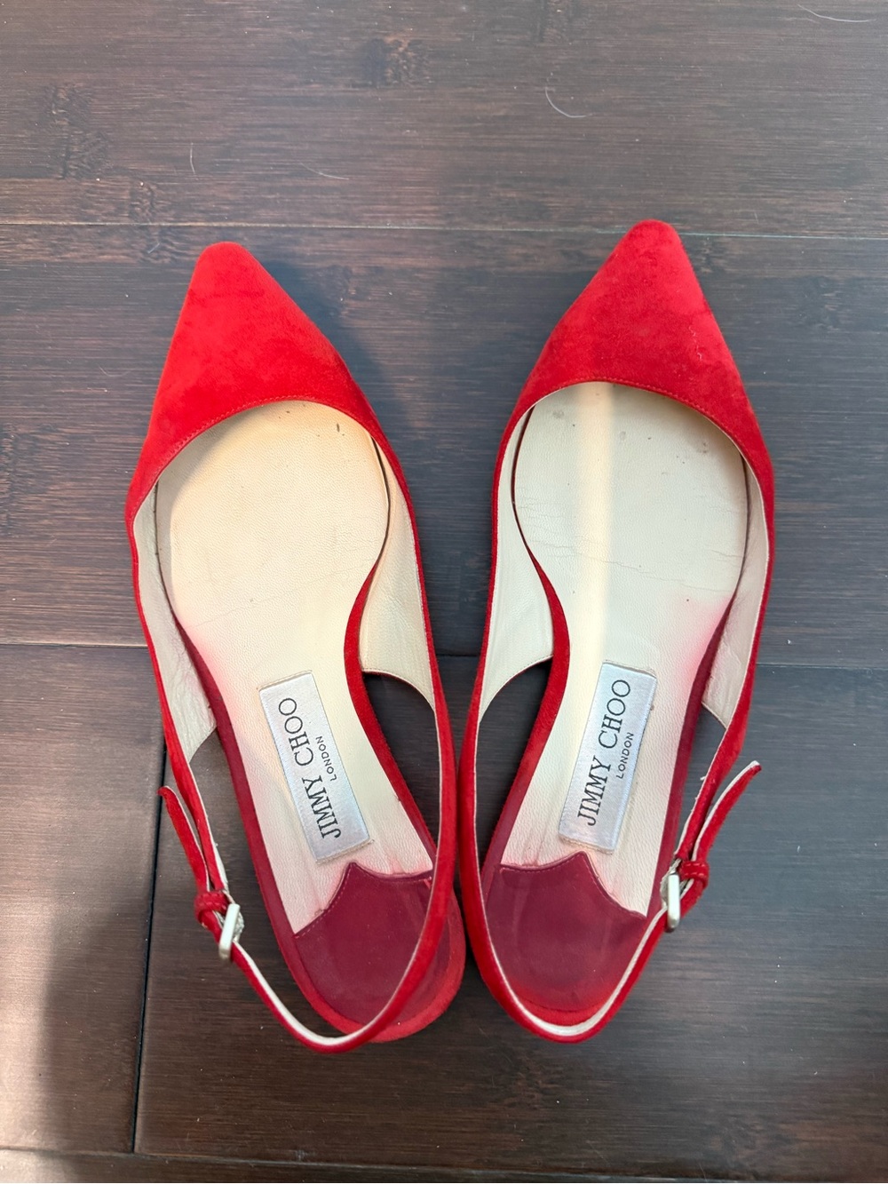 Jimmy Choo Red Suede Pointed Slingback Flats